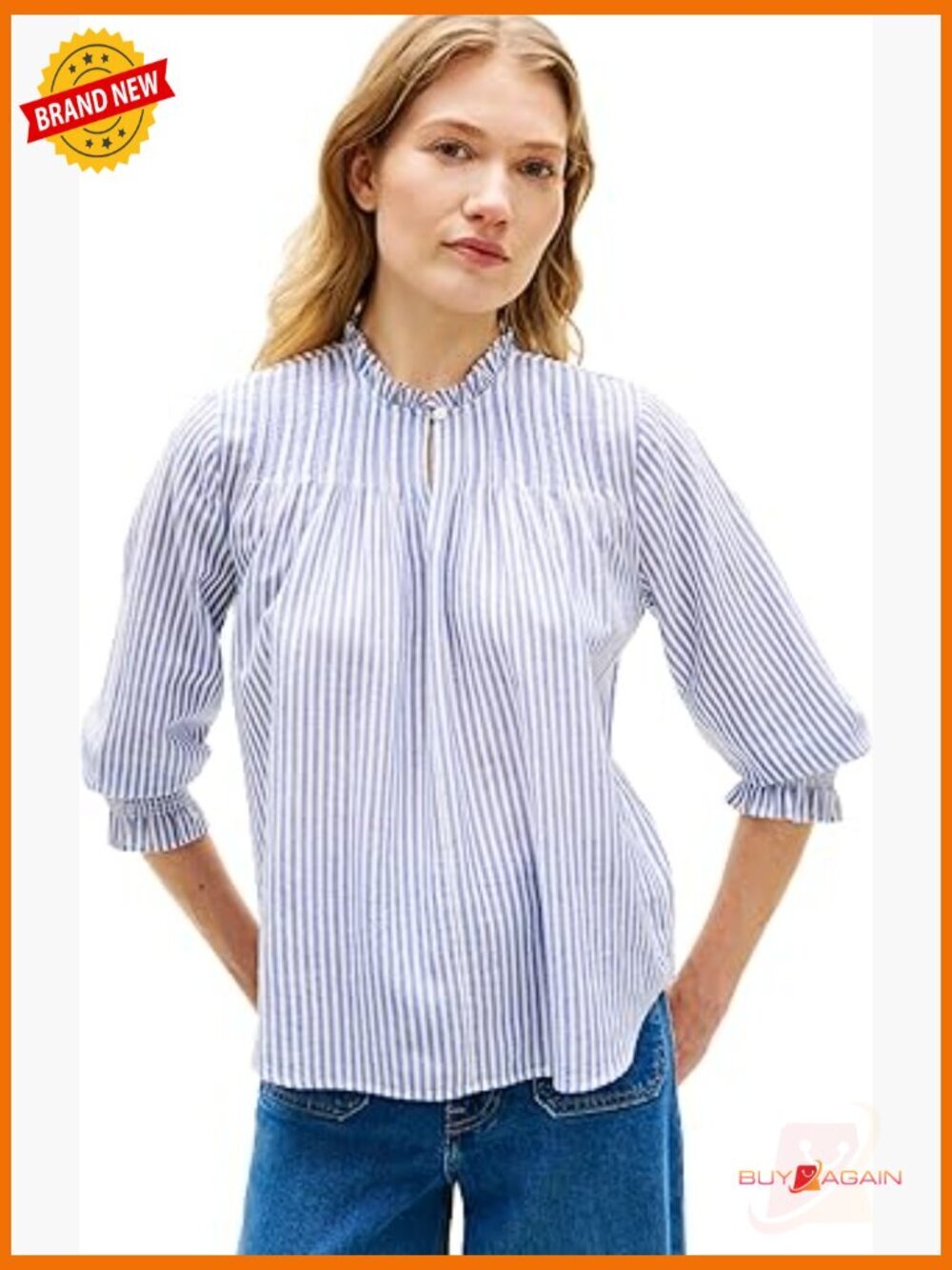 Lightweight 3/4 Sleeve Cotton Collarless Blouse with Embroidery